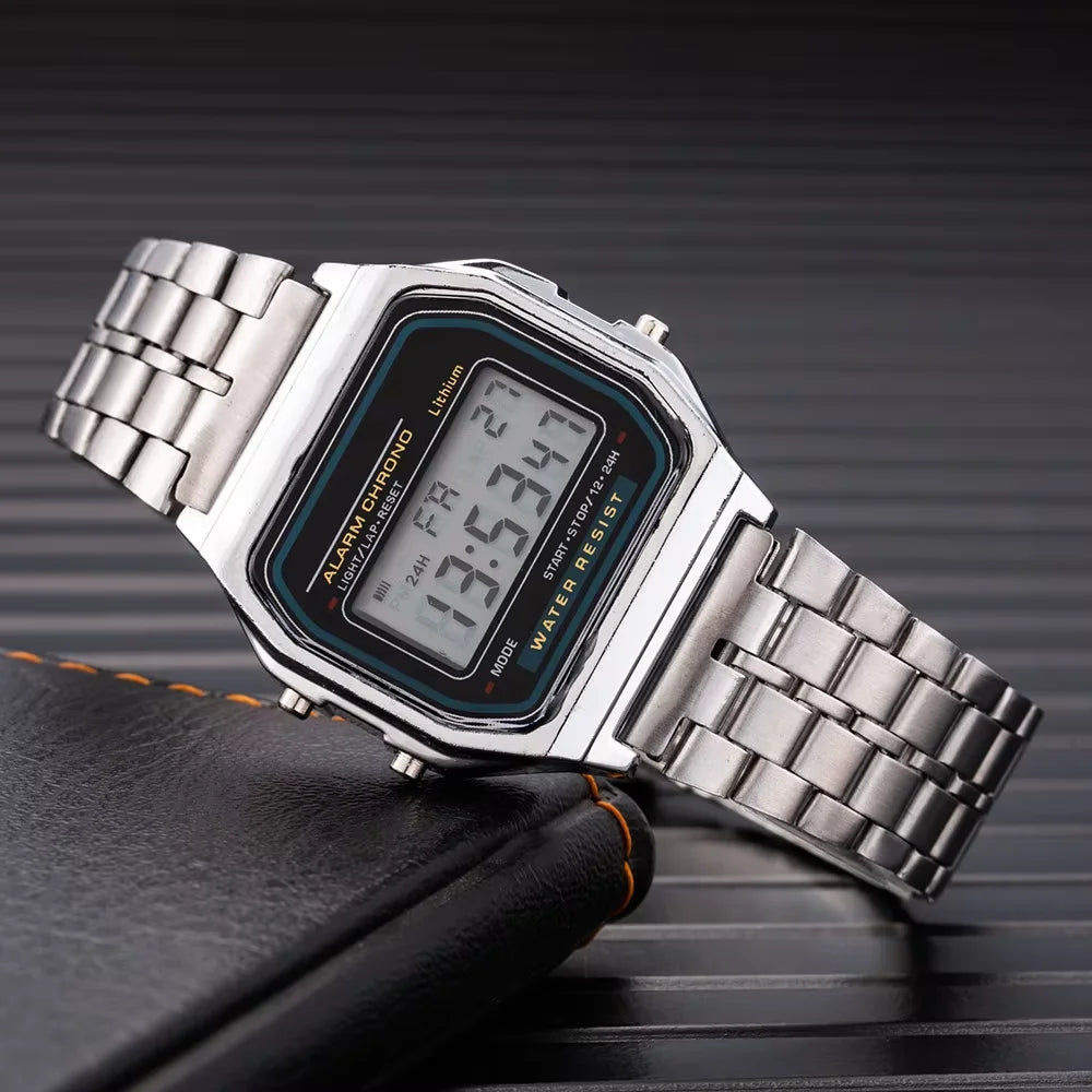 LED electronic watch with steel strip, small square, Harajuku style multifunctional watch