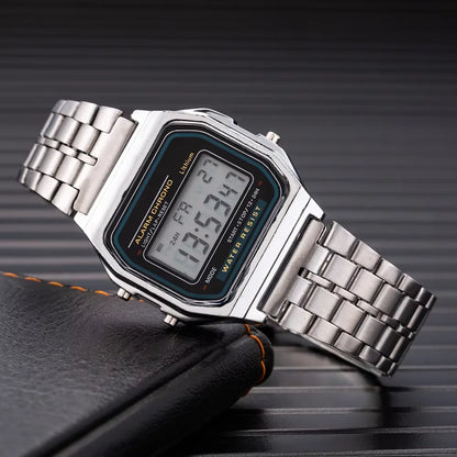 LED electronic watch with steel strip, small square, Harajuku style multifunctional watch