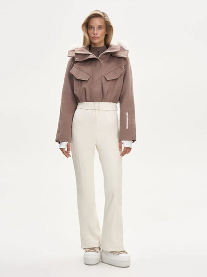 Fur Trim Hooded Flap Pocket Wool-Blend Ski Jumpsuit Patchwork Full Length 2025 Winter Fashion New Causal Warm Women Skiwear Set