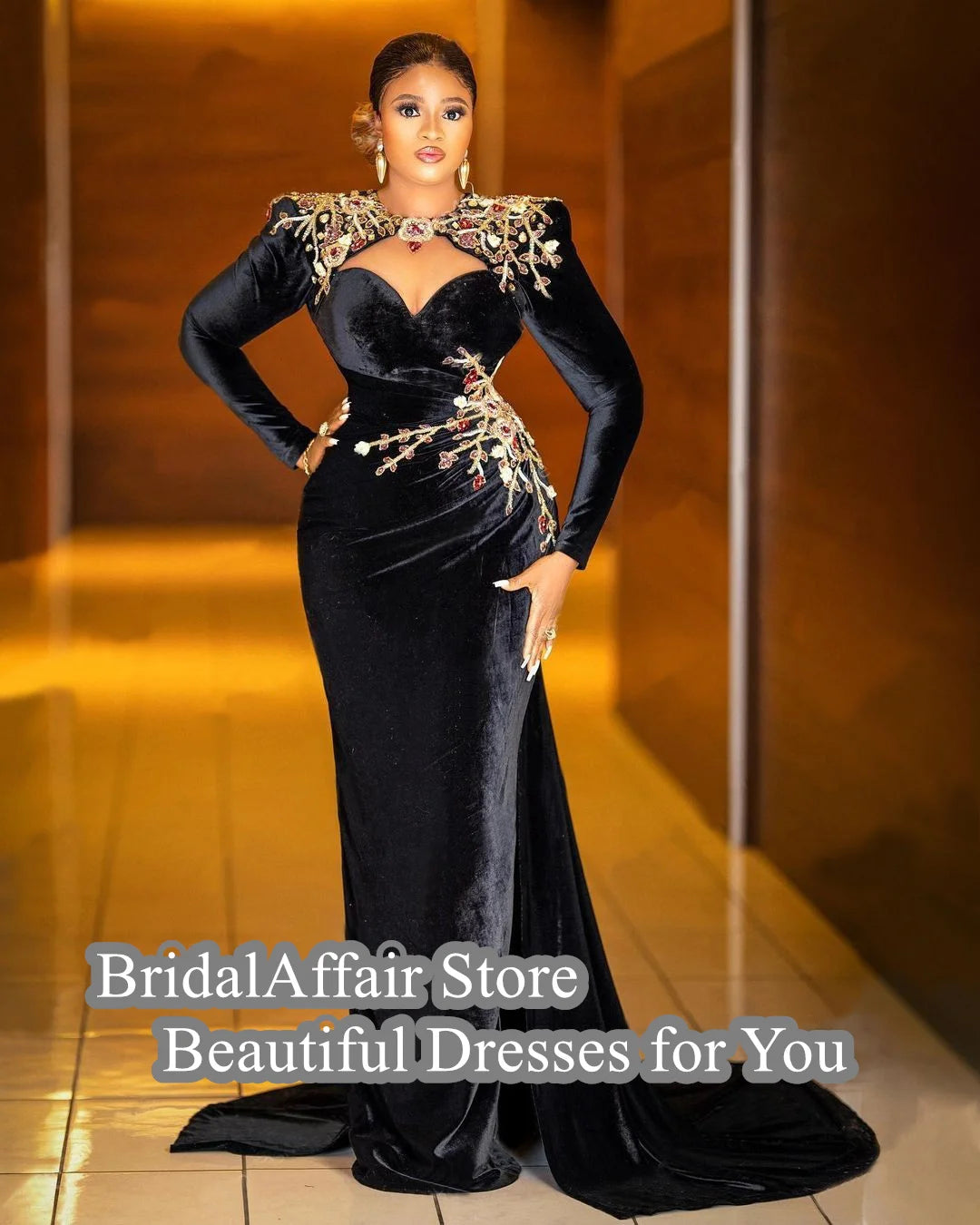 Vintage Black Velour Mermaid Evening Dresses Pretty Appliques Flowers Beaded Aso Ebi Formal Party Gown With Train Cocktail Dress