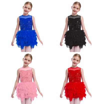Kids Girls Ballet Leotard Dress Dance Performance Costume Long Sleeve Sheer Mesh Patchwork Sequins Feather Velvet Tulle Dress