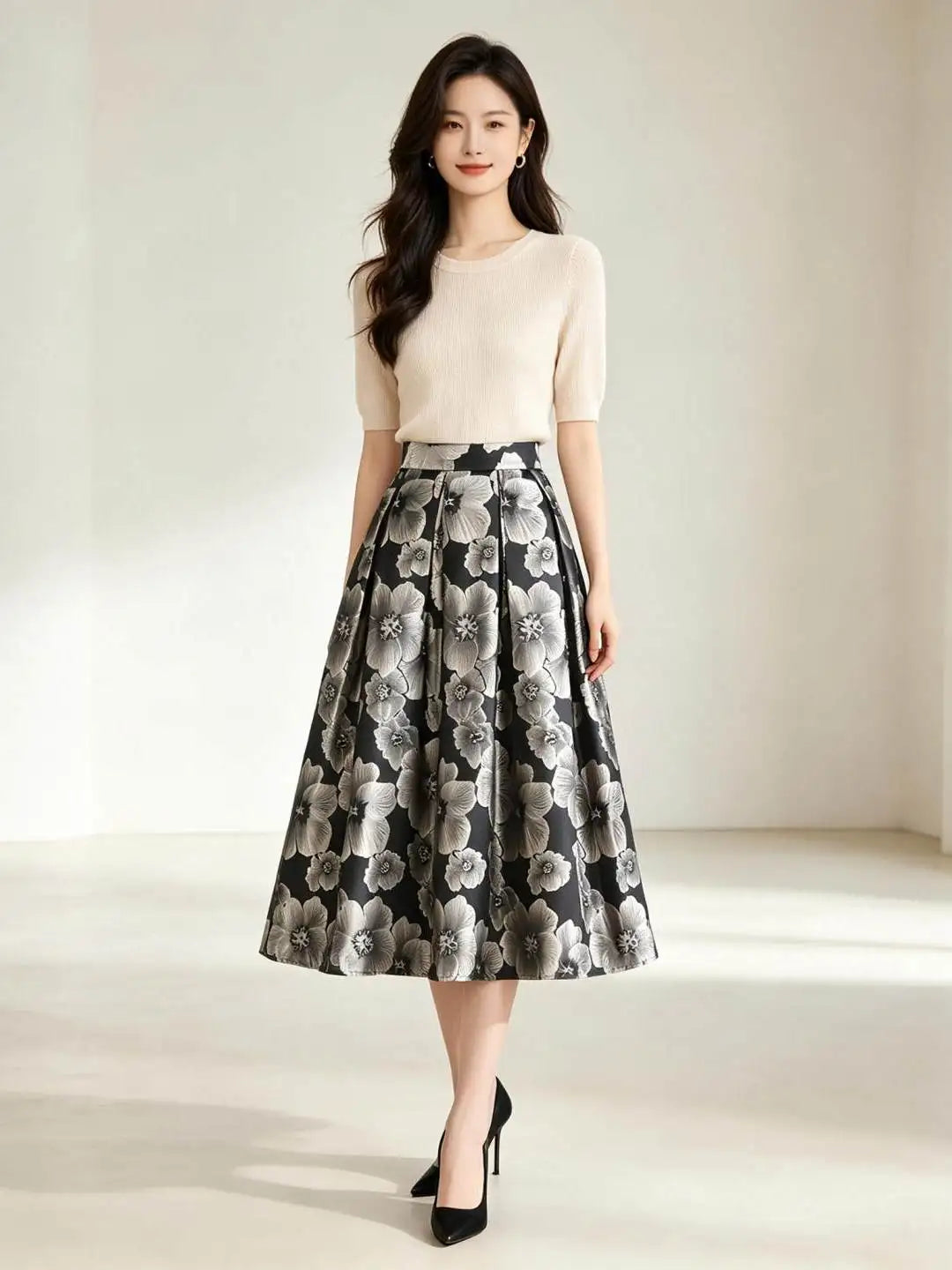 High Quality New Autumn Vintage Hepburn Embroidery Jacquard Puffy Skirt Elegant High Waist Mid-length Casual A-line Long Skirts