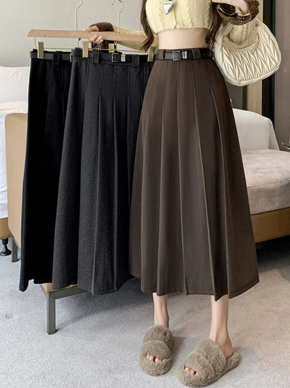 Grey woolen pleated skirt for women in autumn and winter skirt high waisted casual large hemA-line medium length skirt