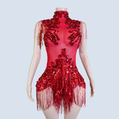 Black Sequins Fringes Leotard Mesh See through Party Bodysuit Women Sparkle Rhinestones Nightclub Prom Gogo Dance Stage Outfits