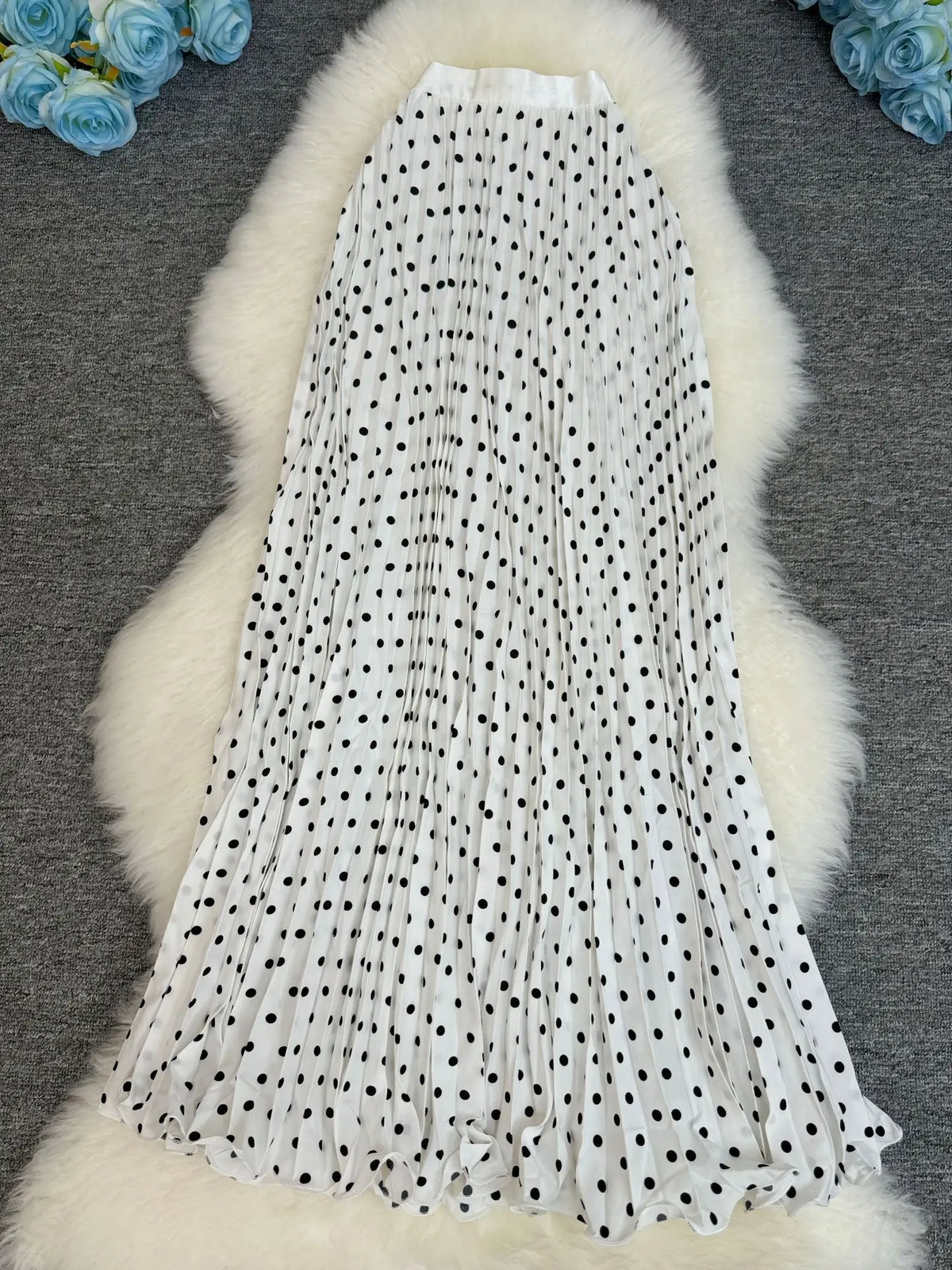Polka Dot Print High Elegant A-line Pleated Long Skirt For Women 2025 Spring autumn Office Lady Casual Leopard Skirts