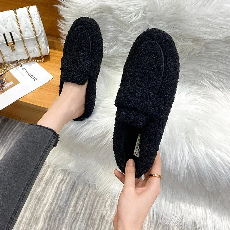 Winter Warm Plush Half Slippers Woman Outdoor Furry Mocasines Warm Slip on Cotton Shoes Woman Flats Cover Toe Curly Fur Slides
