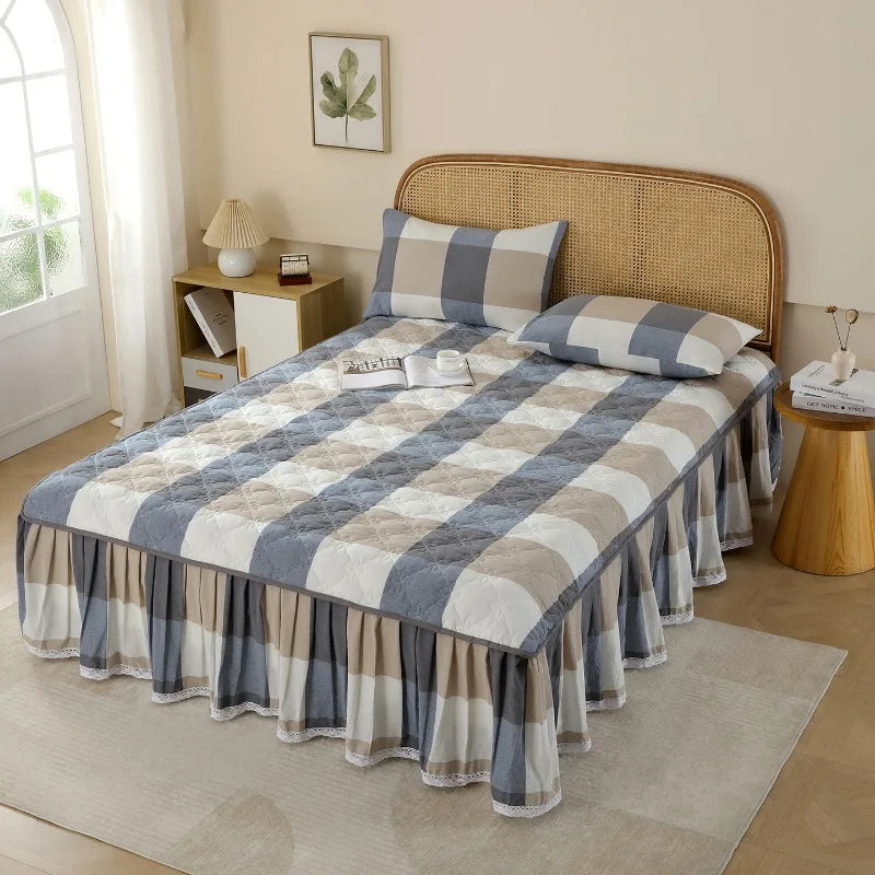 Cotton yarn-dyed padded bed skirt thickened and non-slip single-piece version dust-proof plaid printing, no pillowcase