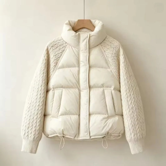 2026 New Winter Turtleneck Down Cotton Jacket Women Patchwork Knitted Warm Drawstring Short Puffer Coat Female Parkas