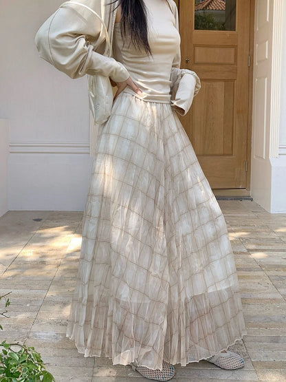 2026 Spring Summer Wrinkled Pleated Skirt Women Mesh Skirt Korean Casual High Waisted A-Line Plaid Long Skirt Midi falda plisada