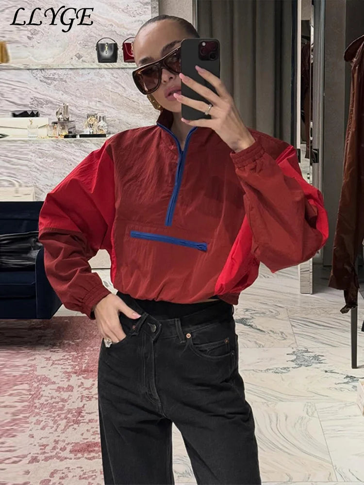 Casual Paneled Contrast Women's Cropped Windbreaker Loose Stand Collar Zipper Full Sleeve Jackets 2026 Autumn Lady Chic Outwear