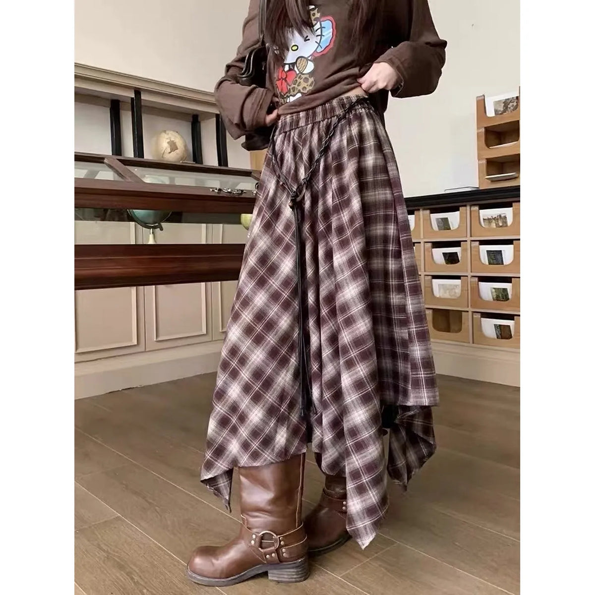 Fashionable Retro Plaid Asymmetrical High Waist Midi Skirt Women's Autumn Winter New Belted Full A-Line Skirt Long Skirt