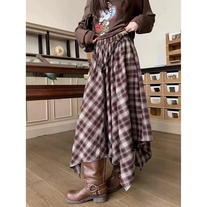 Fashionable Retro Plaid Asymmetrical High Waist Midi Skirt Women's Autumn Winter New Belted Full A-Line Skirt Long Skirt