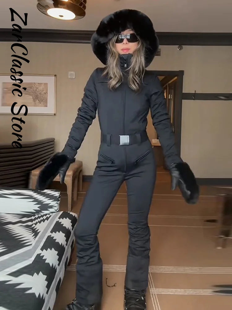 Fashion Patchwork Women's Ski Suit Warm Hooded Zipper Belt Full Sleeve Slim Jumpsuit Lady New Winter Casual Ski Clothing 2026