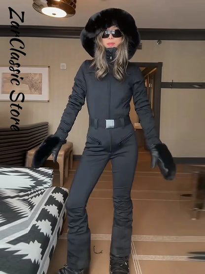 Fashion Patchwork Women's Ski Suit Warm Hooded Zipper Belt Full Sleeve Slim Jumpsuit Lady New Winter Casual Ski Clothing 2026