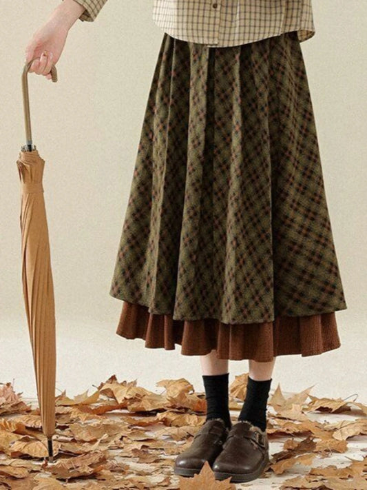 Korobov Vintage Jacquard Preppy Winter Plaid Folds All Match A-LINE Patchwork Woman Skirts