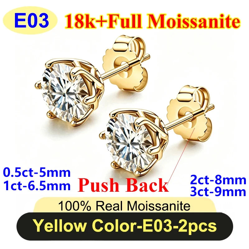 PureNew 0.5-3ct Classic Full Moissanite Earrings For Women S925 Silver Plated 18k Gold D Color VVS1 Women's Moissanite Earrings