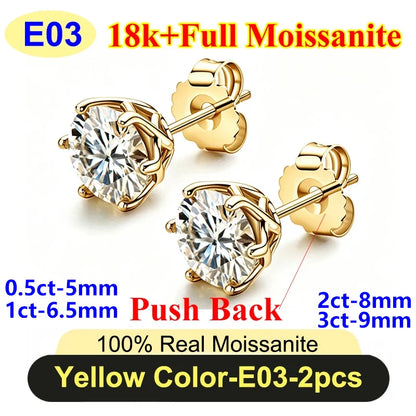 PureNew 0.5-3ct Classic Full Moissanite Earrings For Women S925 Silver Plated 18k Gold D Color VVS1 Women's Moissanite Earrings