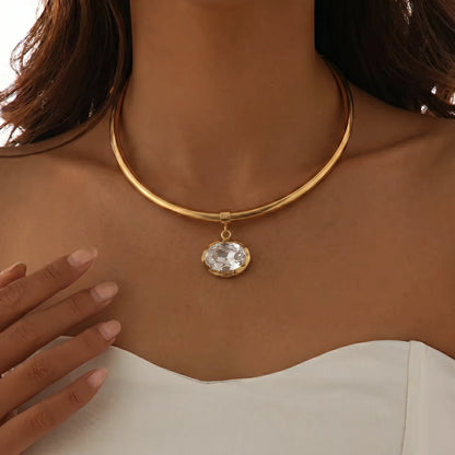 DOREMI 18K Gold Plated Titanium Steel Personality 4mm Rough Opening Necklace Choker Elliptical White Diamond Pendant Torques