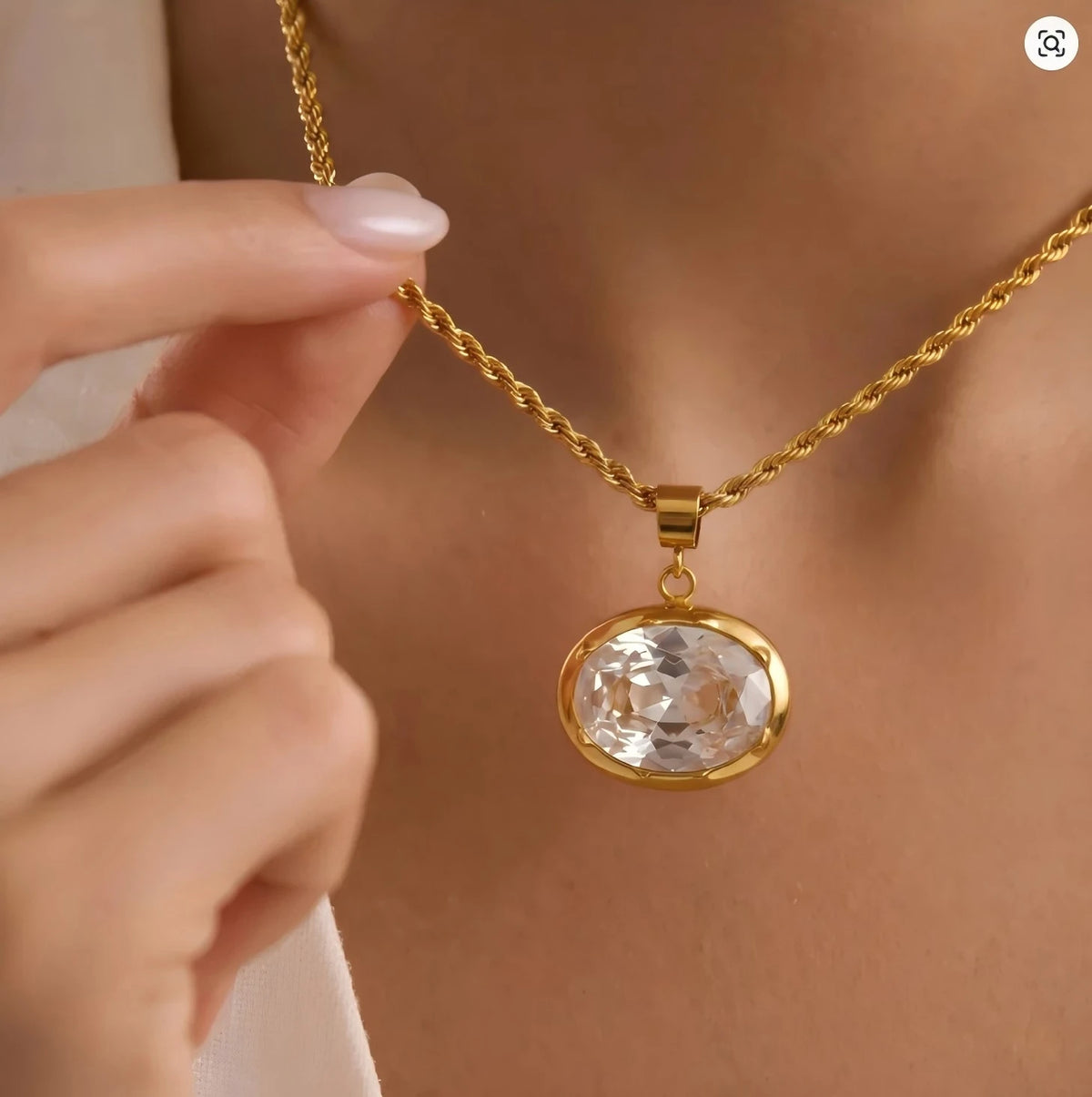 DOREMI 18K Gold Plated Titanium Steel Personality 4mm Rough Opening Necklace Choker Elliptical White Diamond Pendant Torques