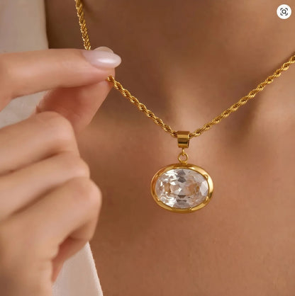 DOREMI 18K Gold Plated Titanium Steel Personality 4mm Rough Opening Necklace Choker Elliptical White Diamond Pendant Torques