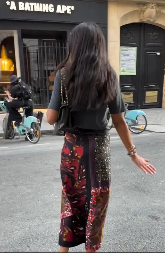 Women's Boho Printed Wrap Midi Skirt Self‑tie Satin High‑waist Split Loose Long Skirts 2026 New Summer Holiday Street Clothes