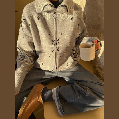 Casual Women's Jacquard Knit Cardigan Loose Stand Collar Zipper Long Sleeve Pockets Sweater 2026 Autumn Lady Vintage Sweaters