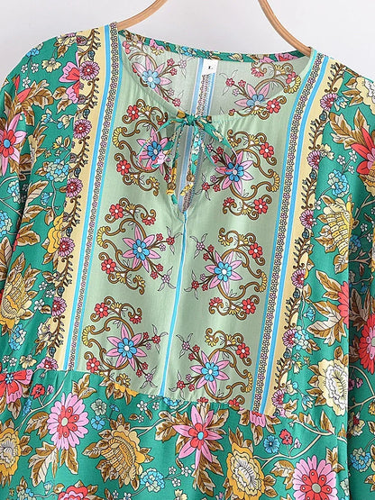 Vintage Chic Women Green Floral Printed V-neck Lace-up Bohemian Blouse Shirts Long Sleeve Tassel Rayon Tops Boho Shirt Blusas