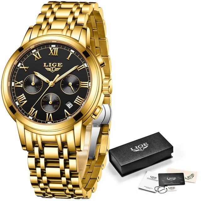 LIGE New Fashion Gold Women Watches Creative Steel Women's Bracelet Wrist Watches Ladies Waterproof Female Relogio Feminino+BOX
