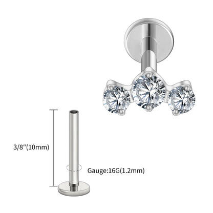 Right Grand ASTM F136 Titanium Triple CZ Cluster Cartilage Earring 16G Mini CZ Labret Tragus Helix Medusa Flat Back Piercing
