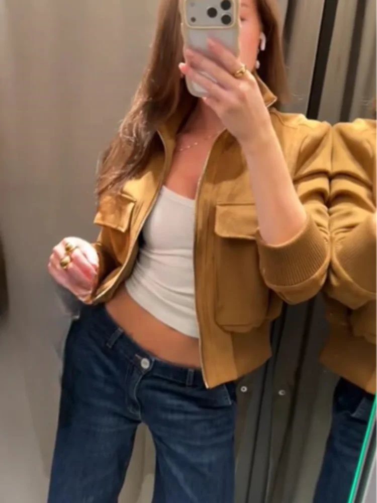 Women's Cropped Bomber Jacket Stand Collar Zipper Patch Pocket Rib Trim Long Sleeve Short Coat Vintage 2026 Autumn Casual Outfit