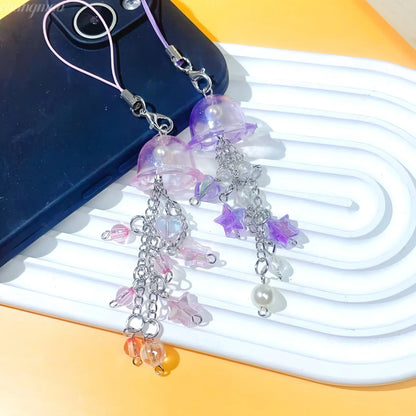 Purple Pink Jellyfish Key Chain Wind Chimes Star Heart Beaded Keyring for Phone Camera Earphone Case Charm Pendant Keycord