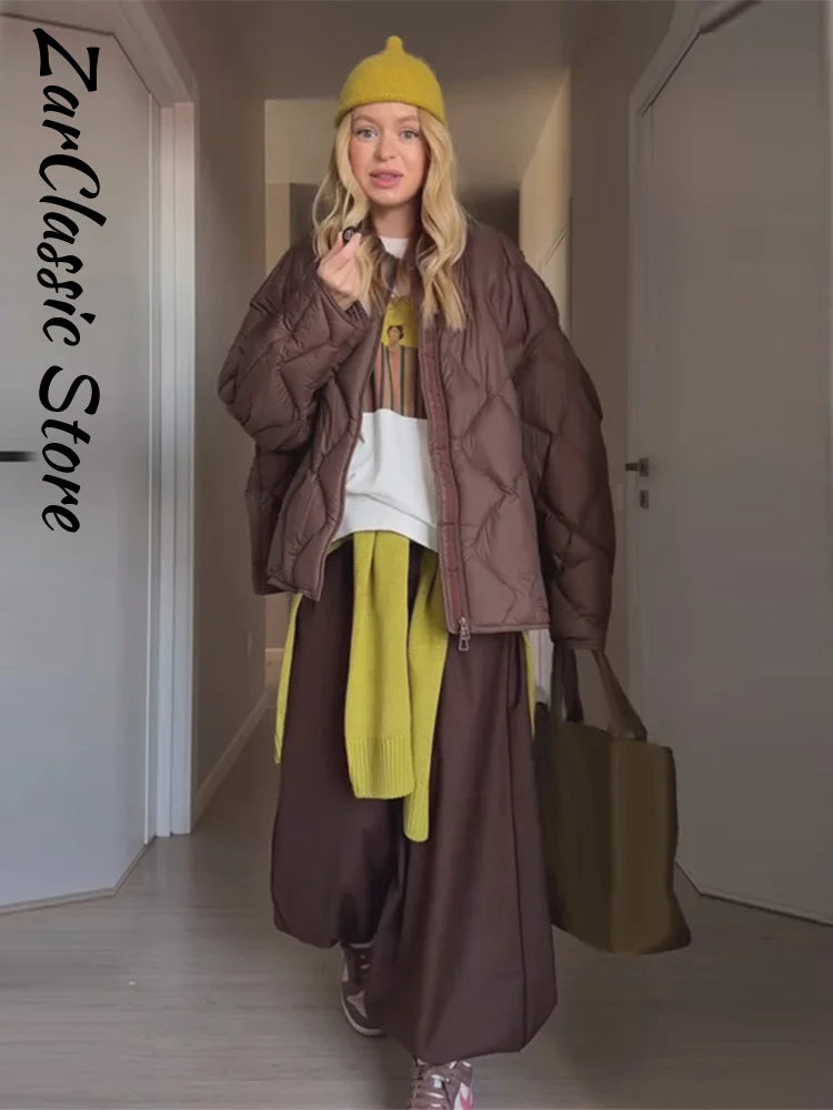 Elegant Women's Winter Jacket Casual Round Neck Zip-up Full Sleeve Loose Quilted Padded Coats New Fashion Warm Outwear 2026