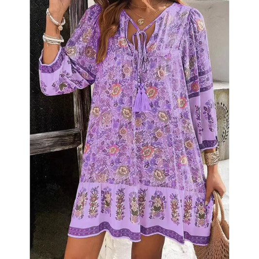 Bohemian Fringed Women's 7 Quarter Sleeved Dress Spring Summer New Casual Loose Simple Retro Printed Beach Vacation Dresses 2026