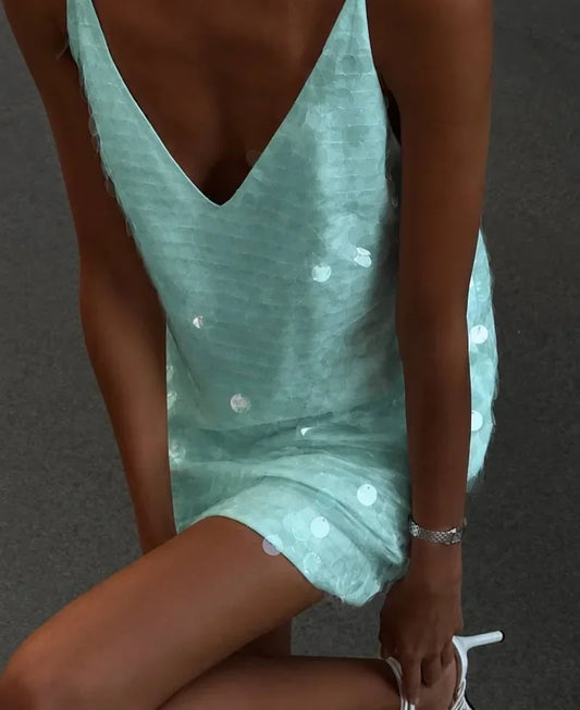 2026 Women White Sequins Mini Dress Sexy Deep V-neck Spaghetti Strap Loose Vestido New Fashion Summer Club Party Evening Dresses
