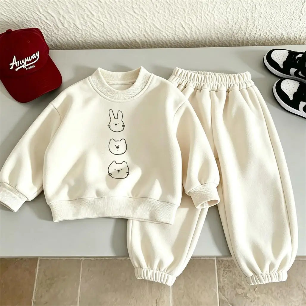 Pink Yellow Beige Suits Girls Autumn Clothing Printed Sweatshirts Loose Pants Infant Cute Round Neck Hoodies Solid Color Pants