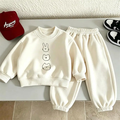 Pink Yellow Beige Suits Girls Autumn Clothing Printed Sweatshirts Loose Pants Infant Cute Round Neck Hoodies Solid Color Pants