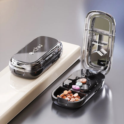 Portable pill splitter, pill divider,and pill cutter that can precisely and evenly split pills into halves,thirds, and quarters