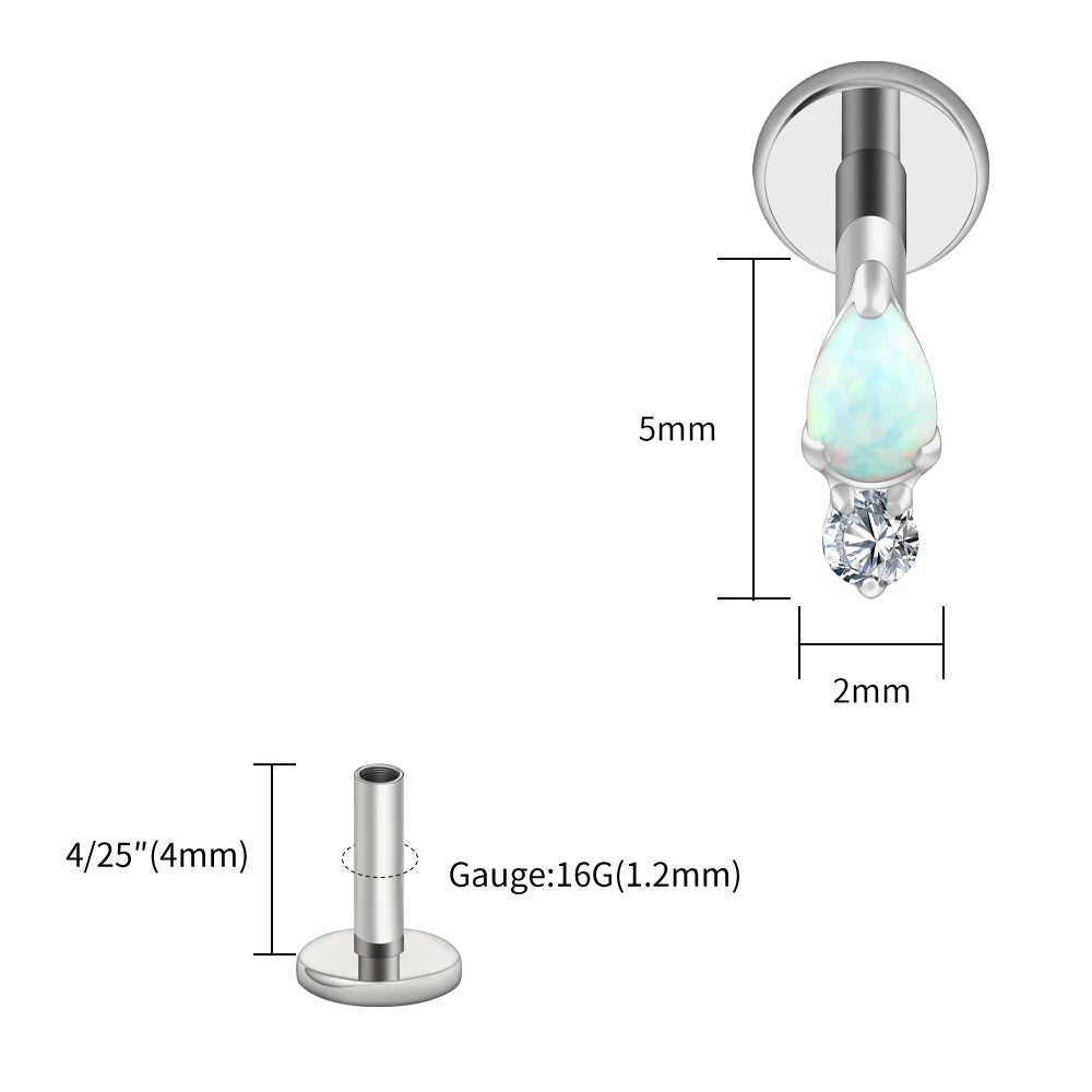 Right Grand ASTM F136 Titanium Teardrop Opal Cartilage Earring 16G Tiny Round CZ Forward Helix Labret Stud Piercing Jewelry