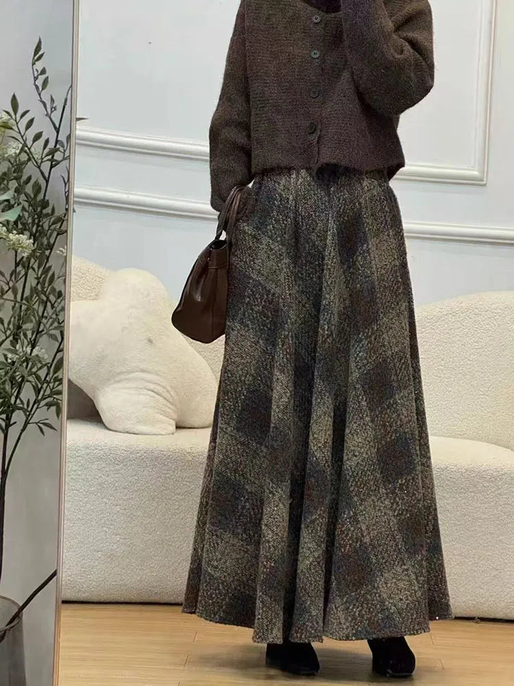 Vintage Plaid Midi Skirts for Women Korean High Waist Casual Faux Wool Skirts Y2K Elegant Office Lady All Match A Line Skirts