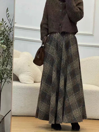 Vintage Plaid Midi Skirts for Women Korean High Waist Casual Faux Wool Skirts Y2K Elegant Office Lady All Match A Line Skirts