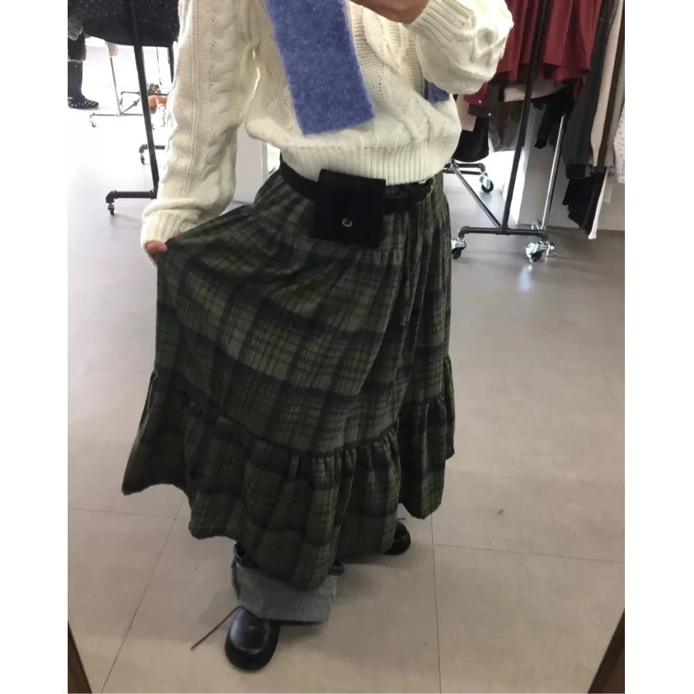 Women's Green Plaid Tiered Long Skirt