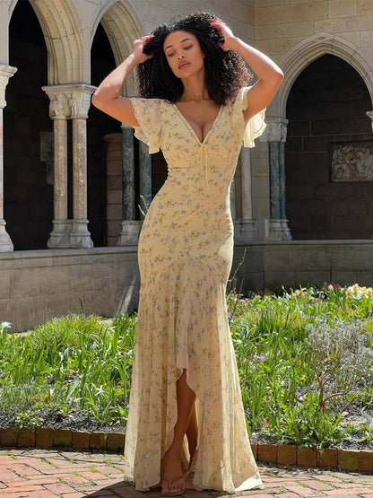 Women Pink Floral Print Maxi Dress Elegant V Neck Ruffle Trim Flare Sleeve Ruched High Chiffon Dresses 2026 Lady Party Vestido