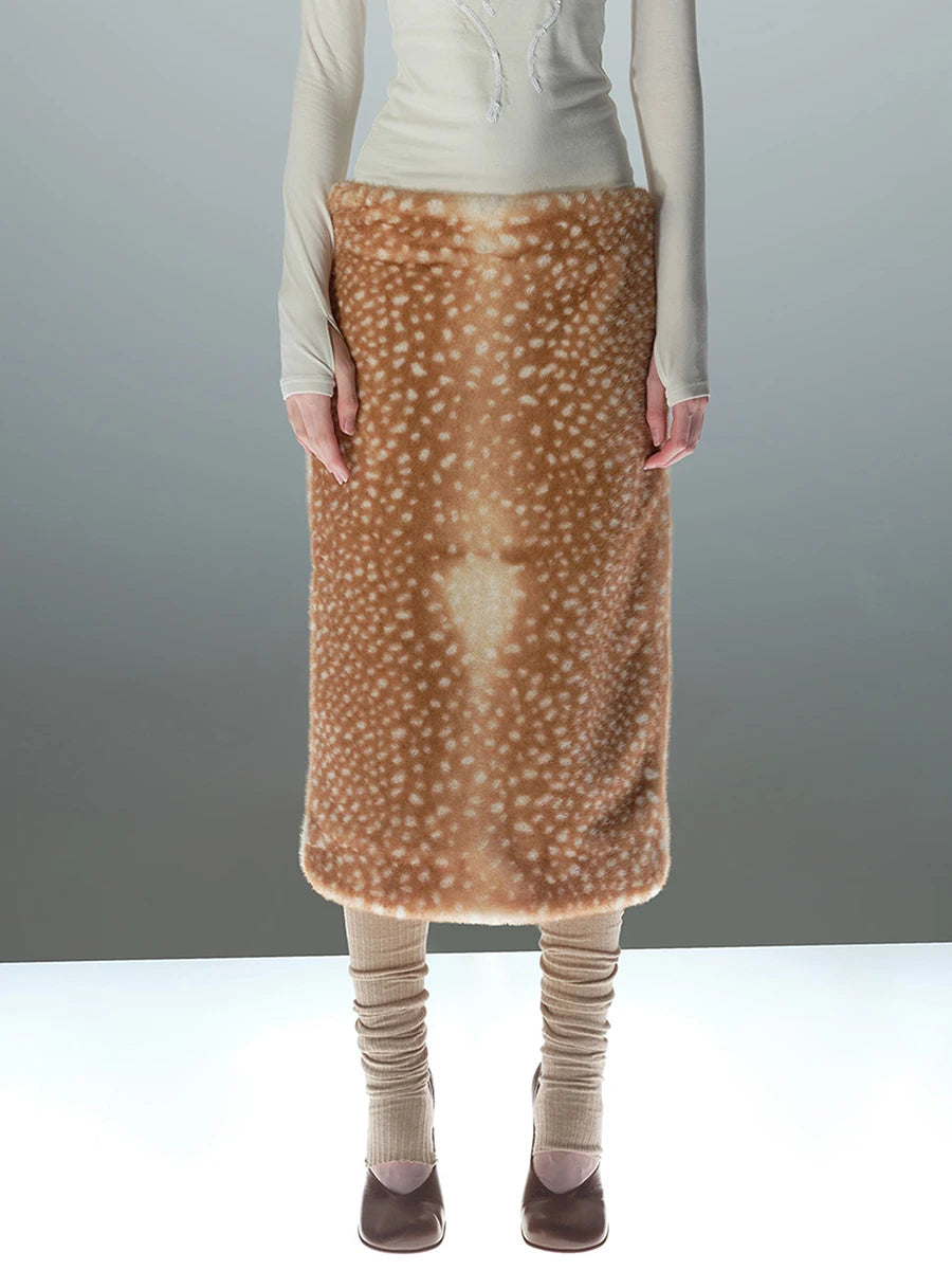LIMO 2026 New Women Deer Print Faux Fur Skirt High Waist Straight Plush Midi Skirt