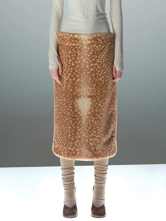LIMO 2026 New Women Deer Print Faux Fur Skirt High Waist Straight Plush Midi Skirt