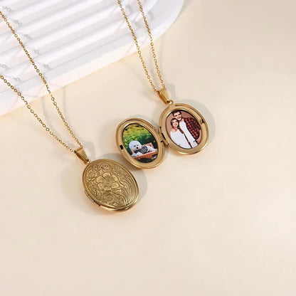 Custom 1/2 Photo Necklace Delicate Floral Oval Locket Pendant for Women Personalized Picture Gold Plated Stainless Steel Pendant
