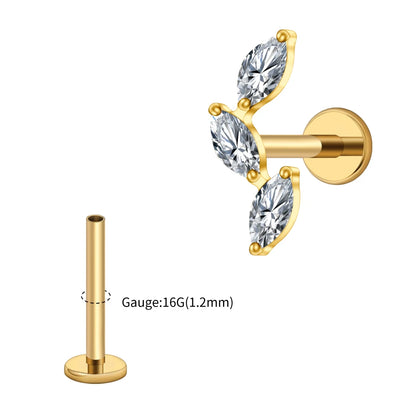 Right Grand ASTM F136 Titanium Triple Marquise Labret Stud 16G CZ Cluster Climber Cartilage Earring Tragus Helix Ear Piercing