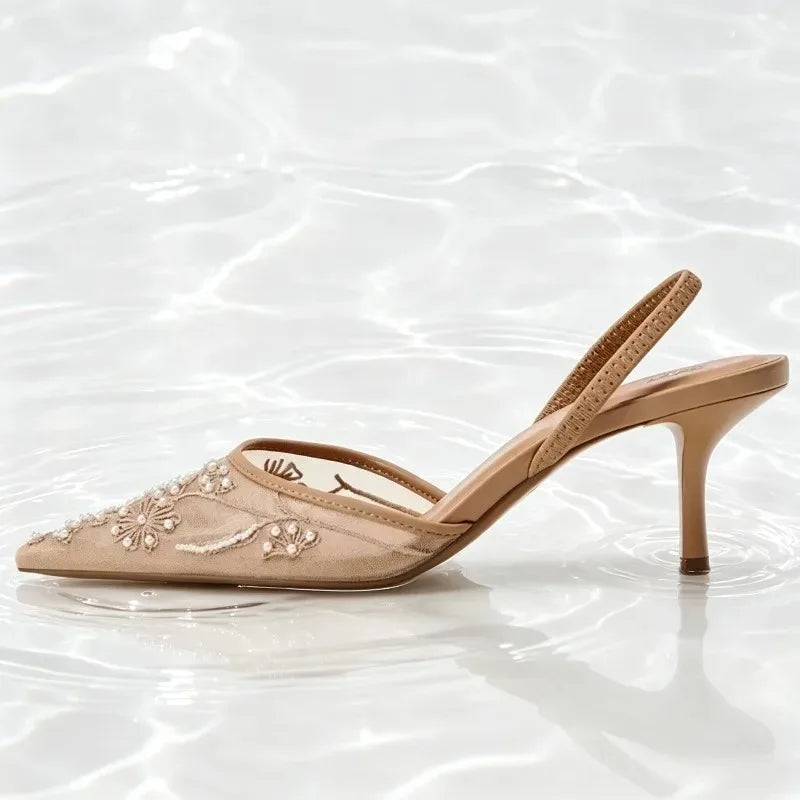Women's Embroidered Mesh Slingback Heels