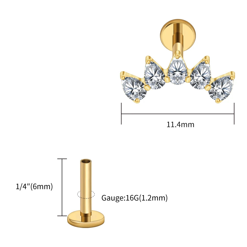 Right Grand ASTM F136 Titanium 5-Pear CZ Crown Cartilage Earring 16G Flat Back Stud Helix Tragus Labret Nose Piercing Jewelry