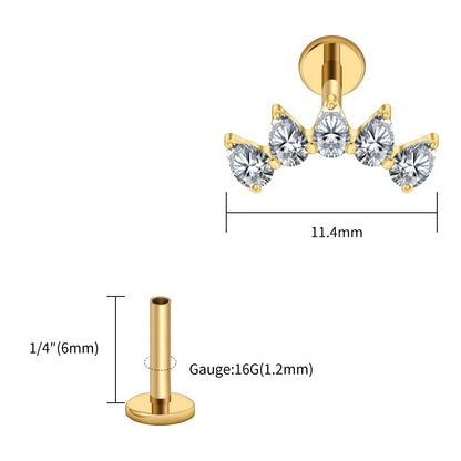 Right Grand ASTM F136 Titanium 5-Pear CZ Crown Cartilage Earring 16G Flat Back Stud Helix Tragus Labret Nose Piercing Jewelry