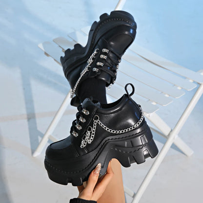 Gothic Punk Chunky Sneakers for Women Black Chain Decor Platform Sports Shoes Woman Thick Sole Non Slip Punk Sneakers Plus Size